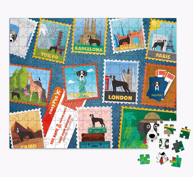 Around The World Adventure: Personalized {breedFullName} Jigsaw